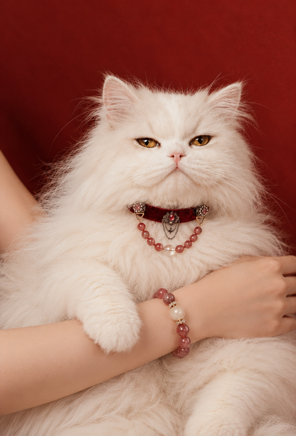 Strawberry Quartz Pet Collar & Matching Bracelet – Crimson Whispers